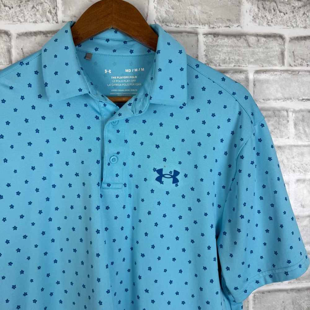 Under Armour Mens Playoff Polo Shirt Light Blue Floral Print Loose Fit Medium